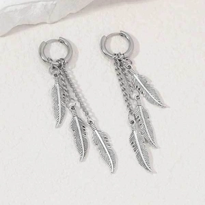 Polished stainless steel feather tassel earrings with triple chains and hoop design
