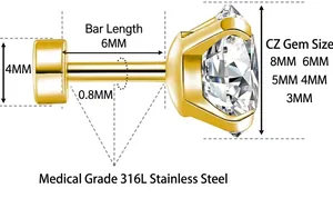 Detail view of 316L stainless steel stud earring showing the 6mm screw back bar