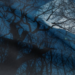 Vista dettagliata del tessuto dell'arazzo della foresta blu scuro con alberi neri