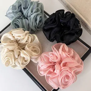 Large Flower Hair Scrunchie Organza Fabric Rose Petal Layered Design Elastic Ponytail Holder Sweet Elegant For Women