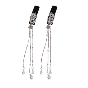 Silver velvet pearl tassel hair clips with sparkling diamonds in a modern Chinese style