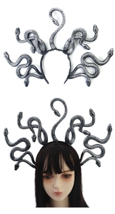 Detail of silver and black Medusa snake headband for Halloween and cosplay costumes