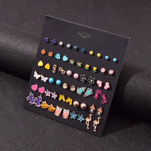 30 pairs of colorful heart and animal stud earrings including stars and pearls on card