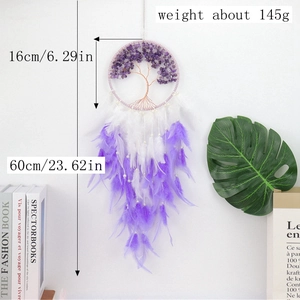 Detail of tree of life dreamcatcher with purple crystal stones and soft feathers