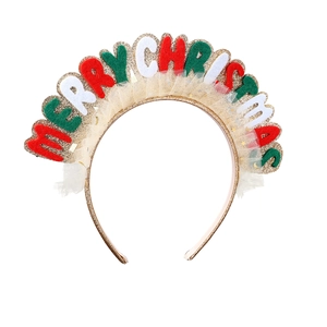Christmas headband with colorful Merry Christmas letters and golden glitter trim decoration