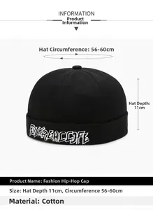 Detail view of cotton docker cap with white graffiti embroidery and size measurements