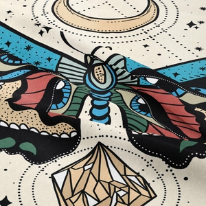 Bohemian moth tapestry with moon and star patterns featuring rich celestial digital printing