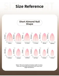 Detailed size chart for pink cat-eye almond press-on nails with 12 specific measurements