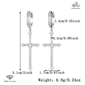 Detailed dimensions for 925 sterling silver cross earrings with zirconia stones