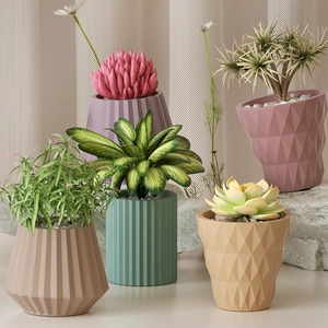 Pastel geometric succulent pots in various colors with textured striped patterns