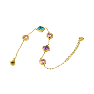 18K gold plated titanium steel bracelet with pink hearts and colorful zircon stones
