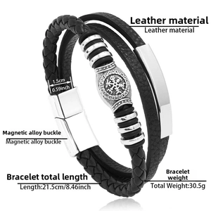 Detailed view of multilayer leather Viking bracelet with compass charm and magnetic clasp