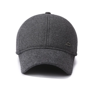 Deep grey herringbone wool baseball cap for men with ear protection for winter outdoor sports