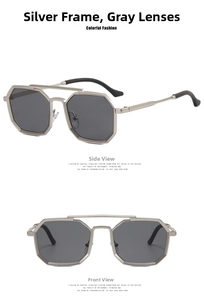 Detail view of steampunk silver octagon sunglasses with double bridge and grey lenses