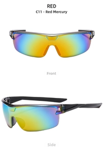 Detailed front and side views of sports cycling sunglasses with red iridium lenses