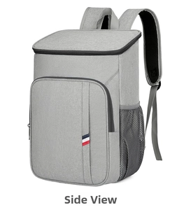 Vue latérale du sac à dos de pique-nique isotherme gris avec poches filet et bretelles