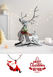 Silver vintage reindeer ornament with scarf and berries on a cozy Christmas tabletop