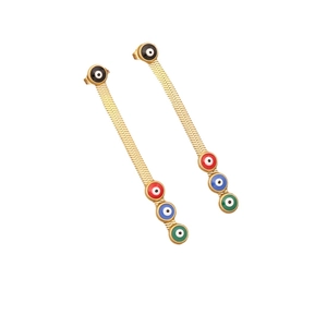 Double-layered golden stainless steel necklace with colorful evil eye charms on white background