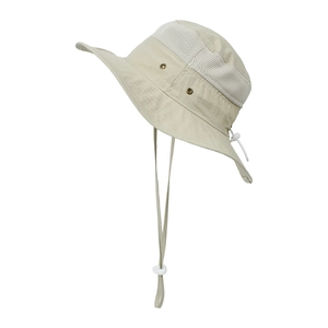 Detail of kids mesh sun hat showing breathable fabric and adjustable chin strap