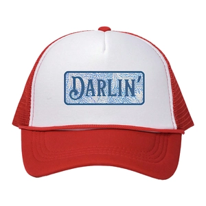 Classic red and white trucker hat featuring DARLIN' print and breathable mesh back