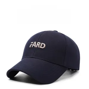 Close-up of FARD 3D embroidery detail on the navy blue cotton baseball cap crown