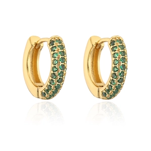 Exquisite gold-plated hoop earrings with sparkling green zircon inlays on white background
