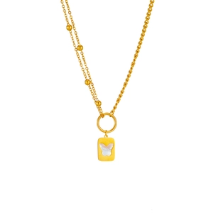 Double Layer Stainless Steel Necklace White Shell Butterfly Square Pendant Elegant Clavicle Chain Jewelry For Women