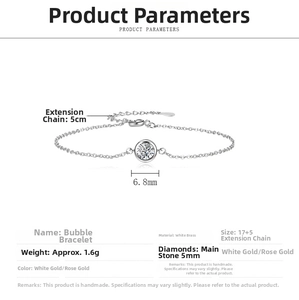 Detailed specifications of the Moissanite bubble bracelet with size and material info