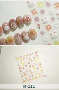 Detailed 3D embossed nail stickers featuring cute rabbits and cream-colored floral patterns