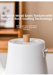 Detail of goose-neck kettle with wood-grain knob and volcanic rock spray coating