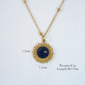 Detail showing 1.5cm black agate sunburst pendant with 14K gold plated chain dimensions