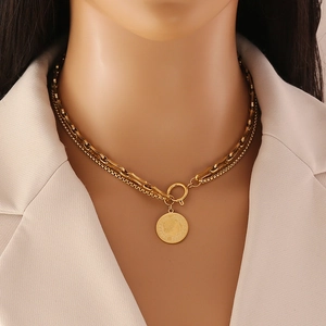 Coin Pendant Layered Necklace Stainless Steel Gold Plated Retro Elizabeth II Relief Star Charm Jewelry Women