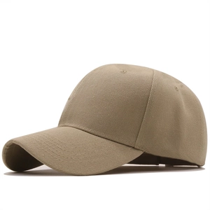Side view of plain khaki twill cotton baseball cap showing 6-panel structure and curved brim