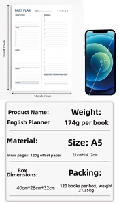 Detailed daily planner page layout with A5 size comparison against a mobile phone
