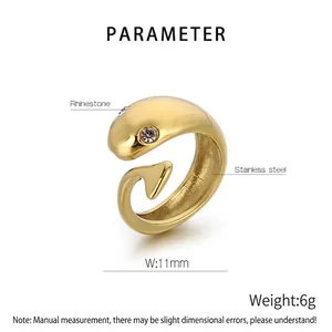 Detail view of 11mm wide 18k gold plated stainless steel snake ring with rhinestones