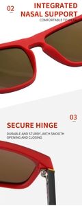 Detailed macro view of integrated nasal support and secure metal hinges on red sunglasses