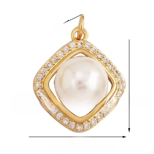 Detailed view of square 17mm pearl pendant with micro-pave crystals and dimensions