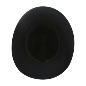 Vista dall'alto di un classico cappello fedora nero a tesa larga con un design minimalista