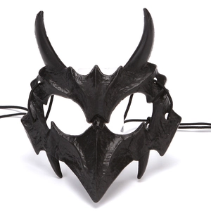 Detailed view of black devil cosplay mask with horns and rugged leather texture finish