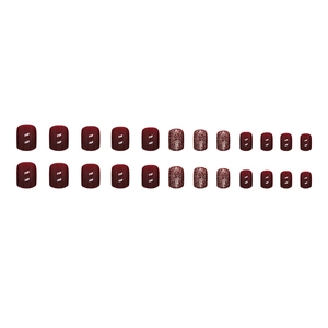Short burgundy press-on nails with glitter and matte finish in 24 piece set