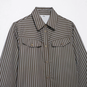 Women's casual striped poplin shirt in brown and white with long sleeves and chest pockets