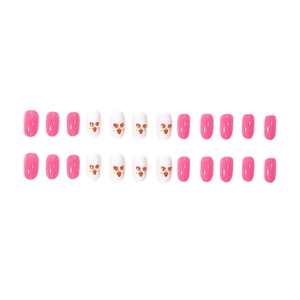 24pcs strawberry pattern press-on nails with short round pink and white glossy finish