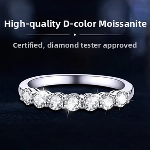 Macro view of 925 sterling silver band with seven D-color moissanite stones