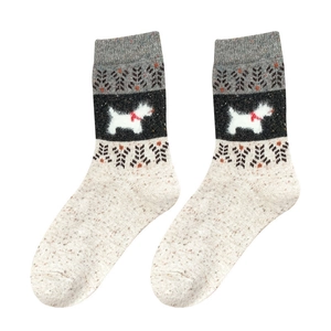 Vintage Fair Isle puppy wool socks in beige and brown knit with cute dog pattern