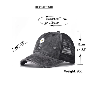 Detail view of washed denim baseball cap with daisy embroidery and mesh back dimensions