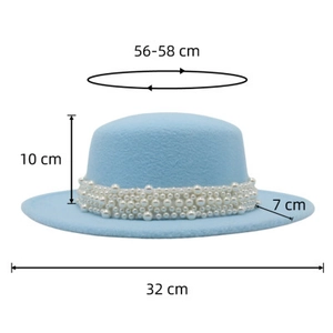 Detailed size specifications for light blue wool felt hat with decorative pearls