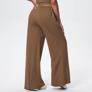Women's brown high waist wide leg lounge pants with drawstring elastic waistband