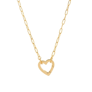 Gold heart pendant necklace with paperclip chain on a clean minimalist white background