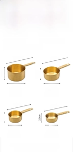 Size chart showing 250ml to 60ml gold stainless steel measuring cups with dimensions