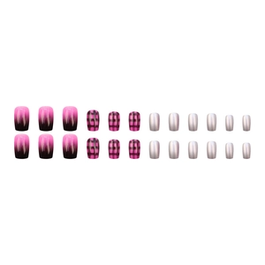 24pcs short square press-on nails set with pink black gradient and plaid patterns